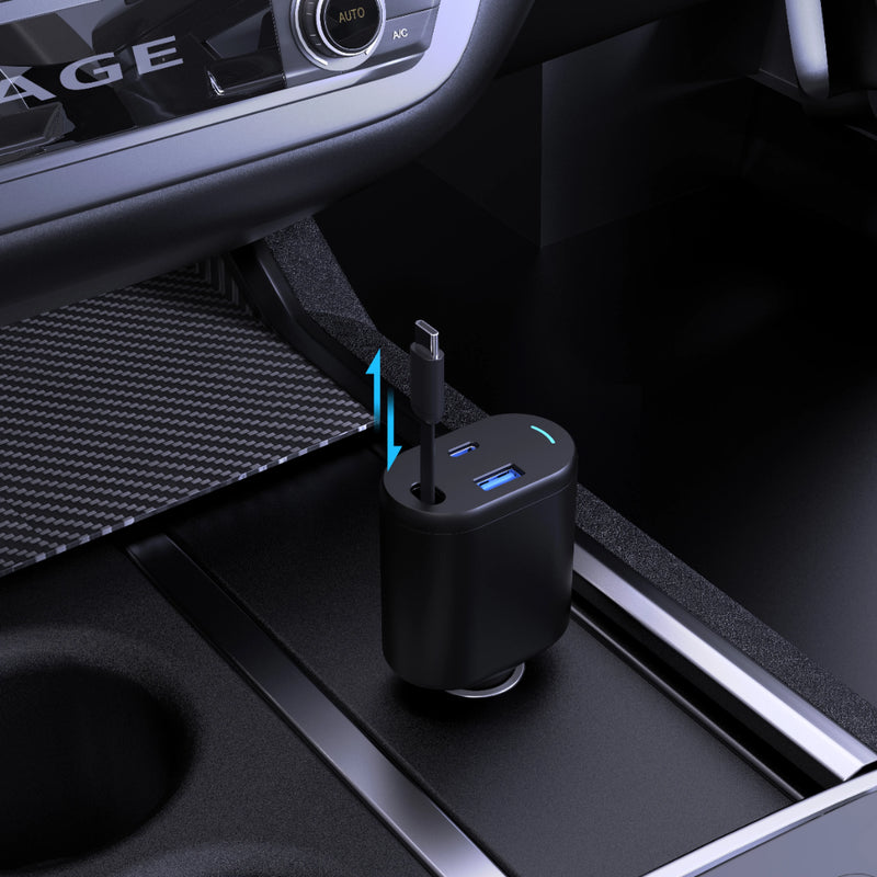 Powerology Type-C Retractable Car Charger - 70W Fast Charge Black