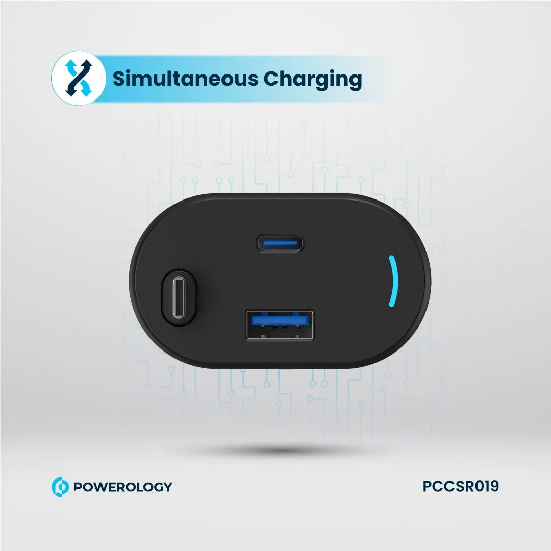 Type-C Car Charger - Powerology 115W Fast Charge Retractable Cable Black