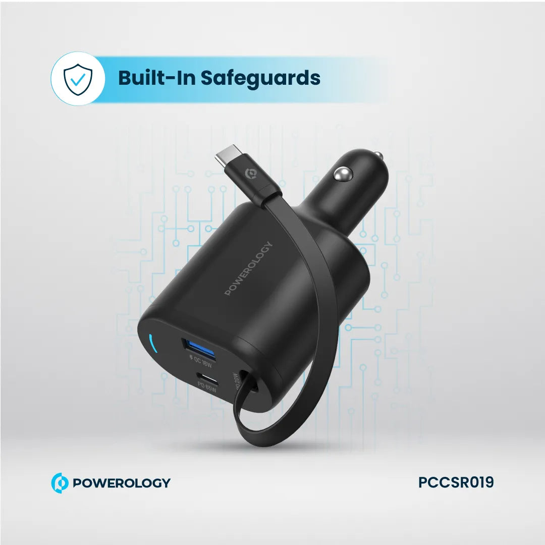 Type-C Car Charger - Powerology 115W Fast Charge Retractable Cable Black