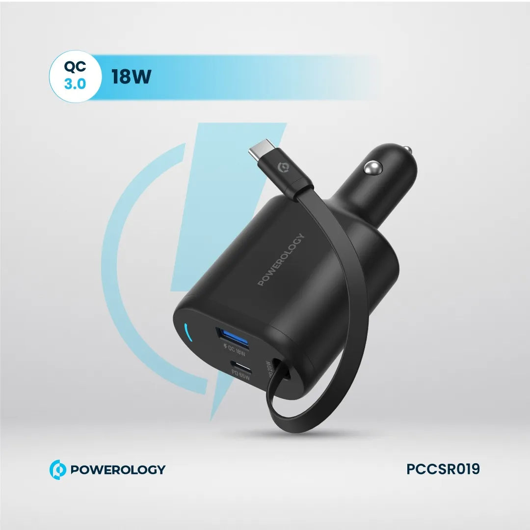 Type-C Car Charger - Powerology 115W Fast Charge Retractable Cable Black