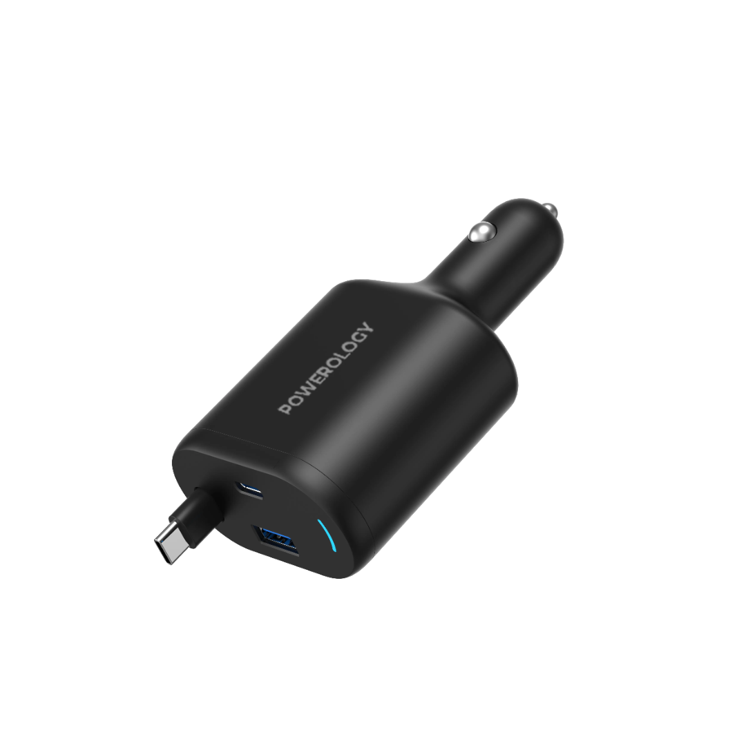 Type-C Car Charger - Powerology 115W Fast Charge Retractable Cable Black