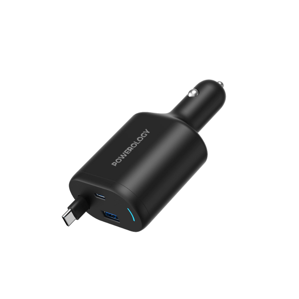 Powerology Type-C Retractable Car Charger - 115W Fast Charge Black