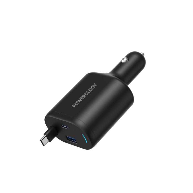 Powerology Type-C Retractable Car Charger - 115W Fast Charge Black