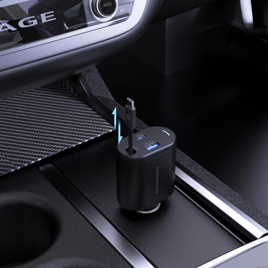 Type-C Car Charger - Powerology 115W Fast Charge Retractable Cable Black