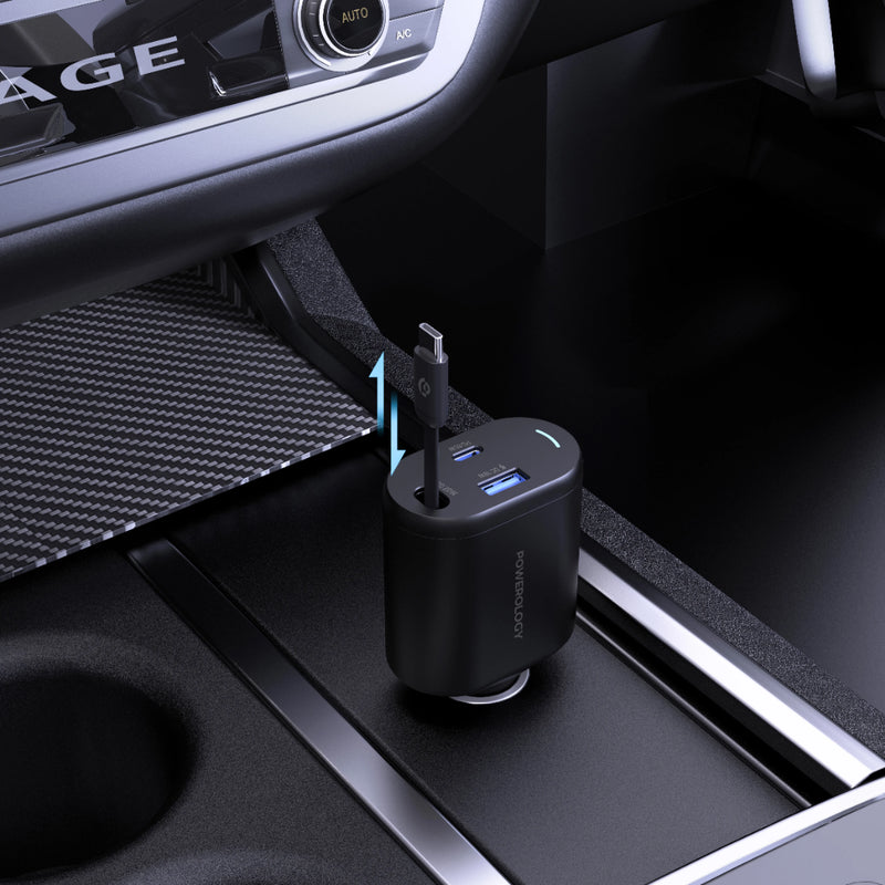 Powerology Type-C Retractable Car Charger - 115W Fast Charge Black