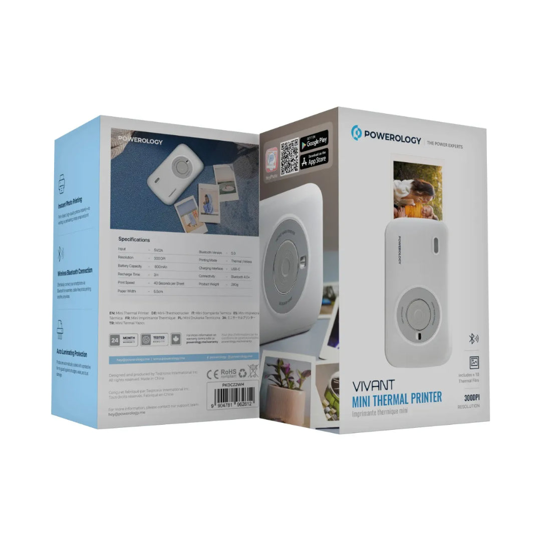 Mini Thermal Printer - Powerology Vivant Wireless Bluetooth Photo Printer White
