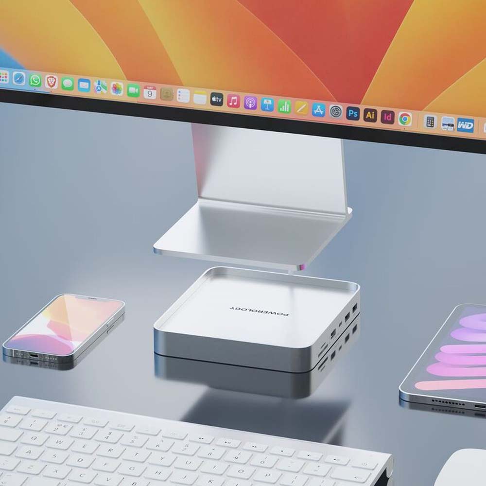 iMac USB-C Hub Stand With SSD Enclosure – Powerology 24 Inch Aluminum Dock