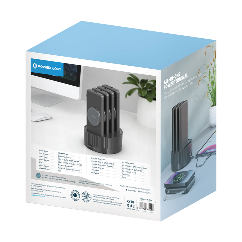 Powerology 4-in-1 10000mAh Powerbank with Built-In Cables Black
