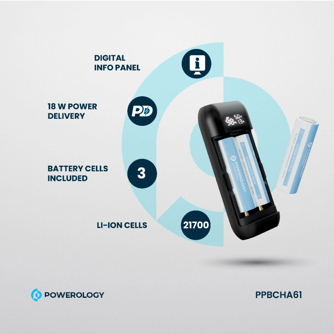 Powerology DIY Cell Powerbank - 15000mAh Portable Dual Battery Charger | USB-C Fast Charge