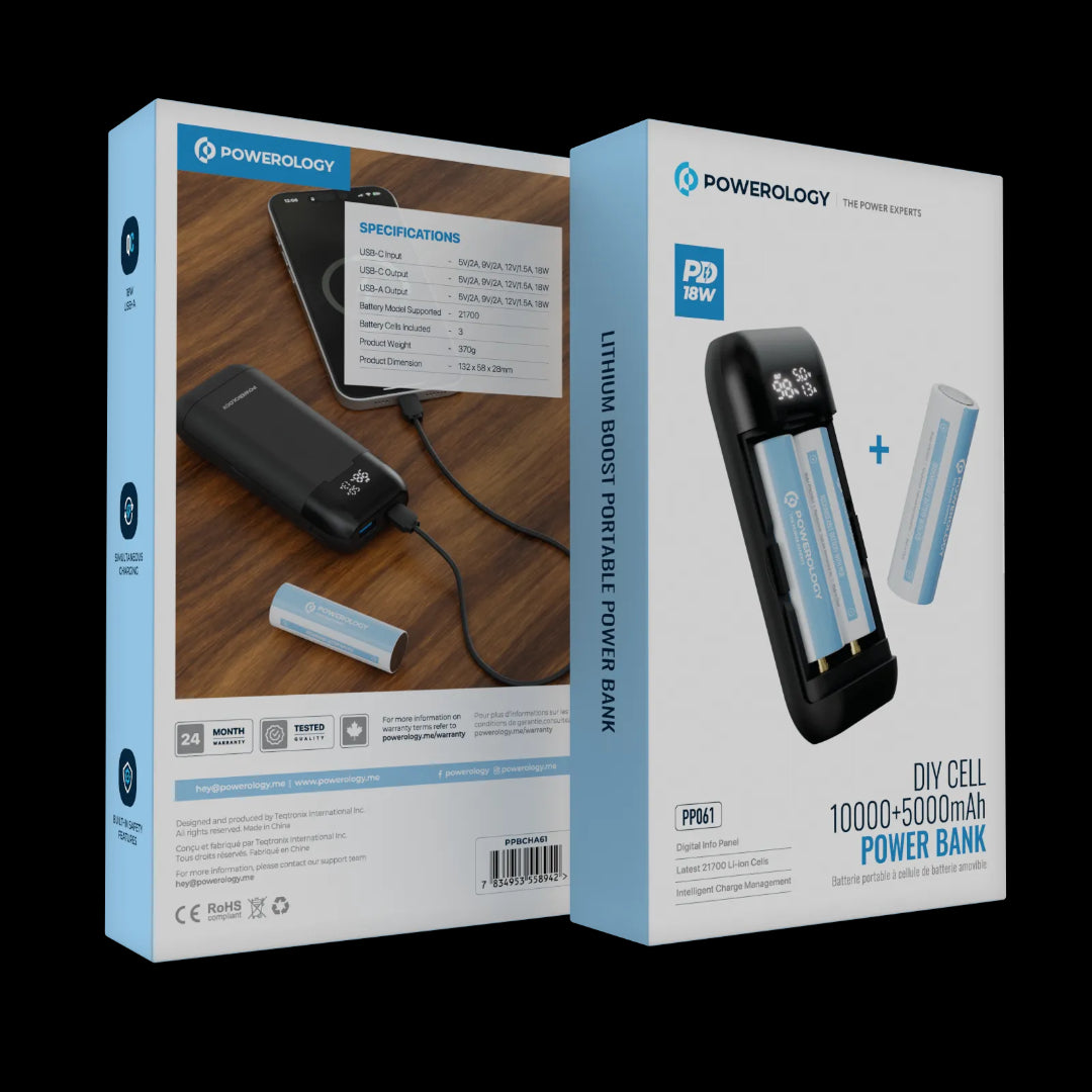 Powerology DIY Cell Powerbank - 15000mAh Portable Dual Battery Charger | USB-C Fast Charge