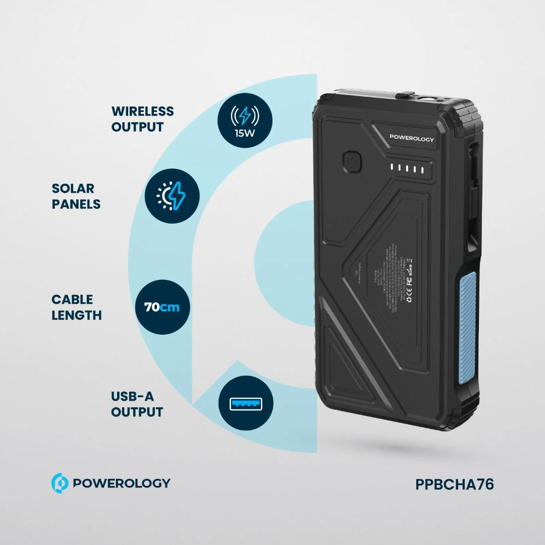 Solar Wireless Power Bank - 20000mAh Portable Fast Charging Power Bank With Retractable Cable