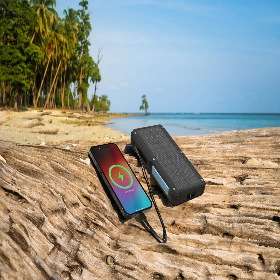 Solar Wireless Power Bank - 20000mAh Portable Fast Charging Power Bank With Retractable Cable