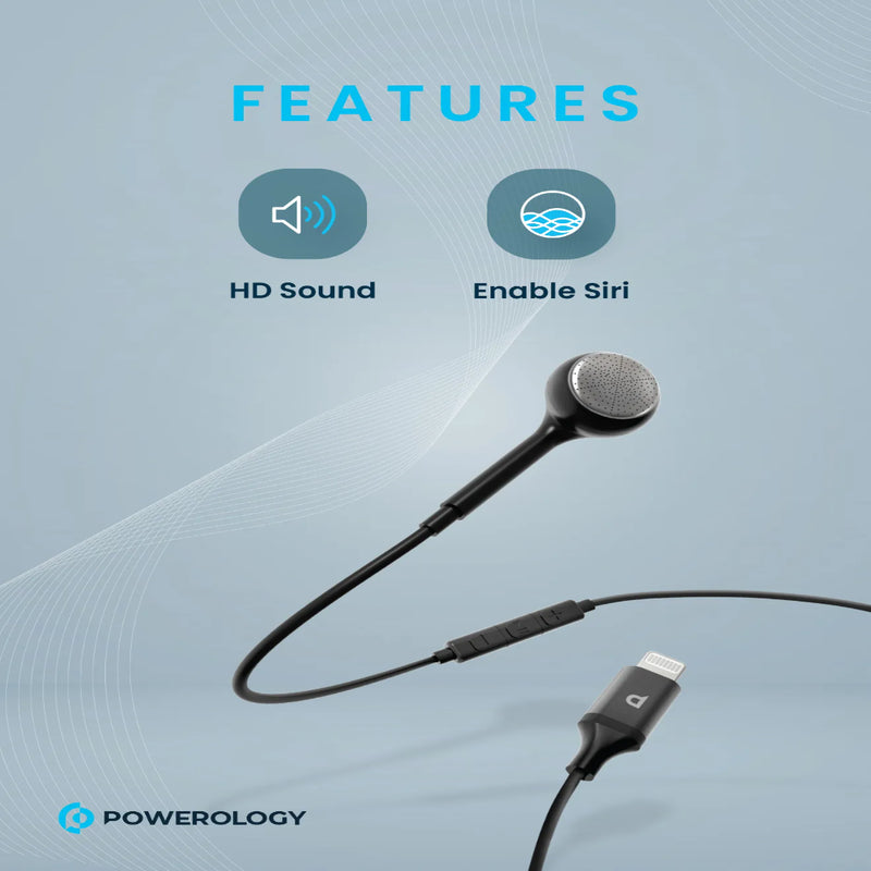 Powerology Mono Earphone with Lightning Connector - HD Sound Black