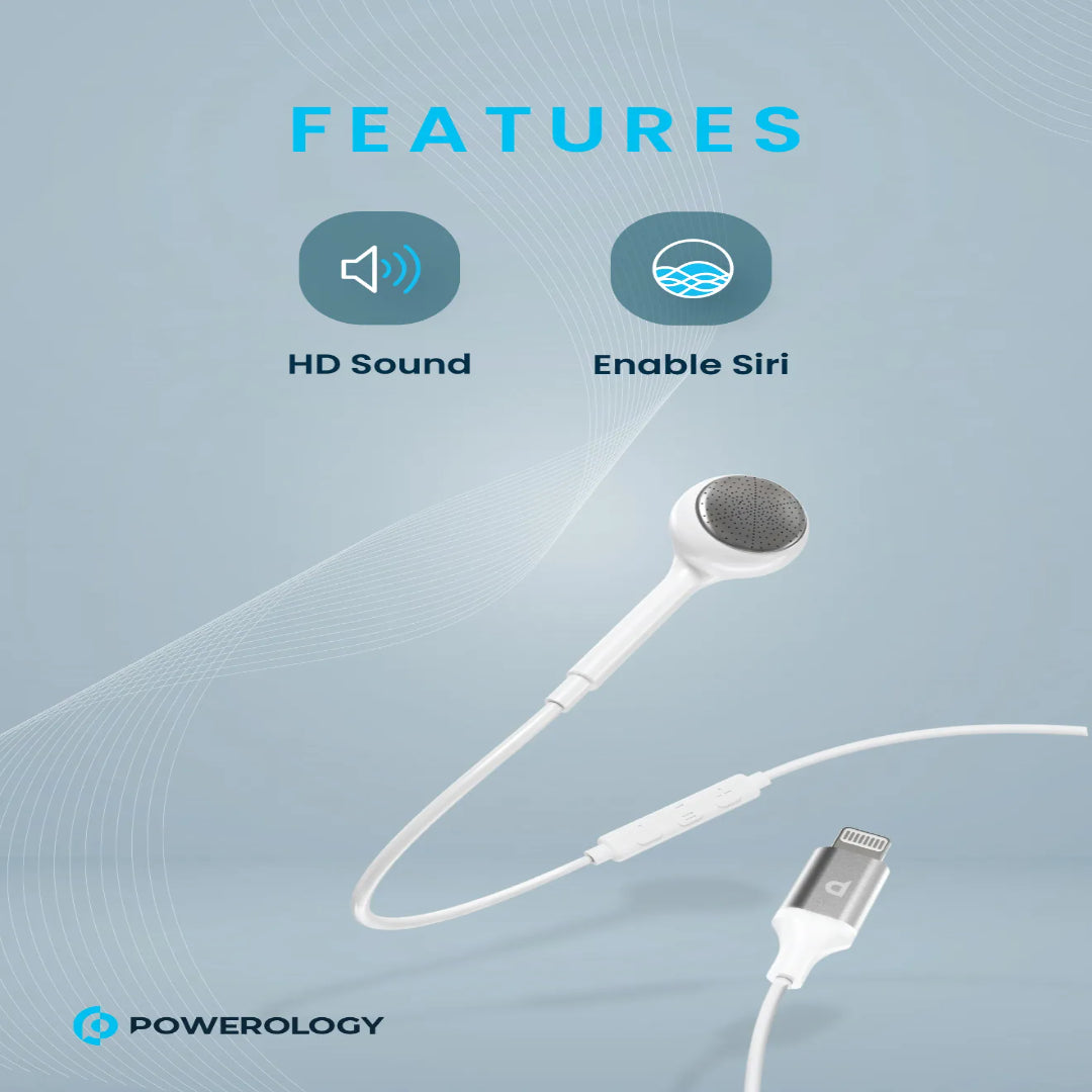 Mono Earphone Lightning | Powerology In-Ear Headphones with HD Sound & Siri Control