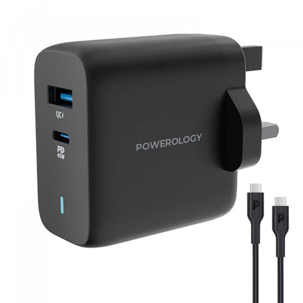 Powerology 63W Ultra-Quick GaN Charger 45W PD & USB-A Quick Charge 18W QC3.0 With 60W Type-C To Type-C Cable