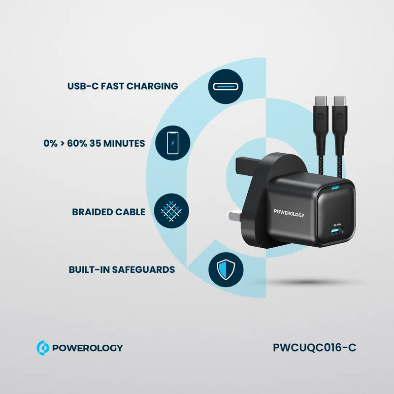 Powerology Ultra-Compact 20W GaN Charger & 1.2m Cable Black