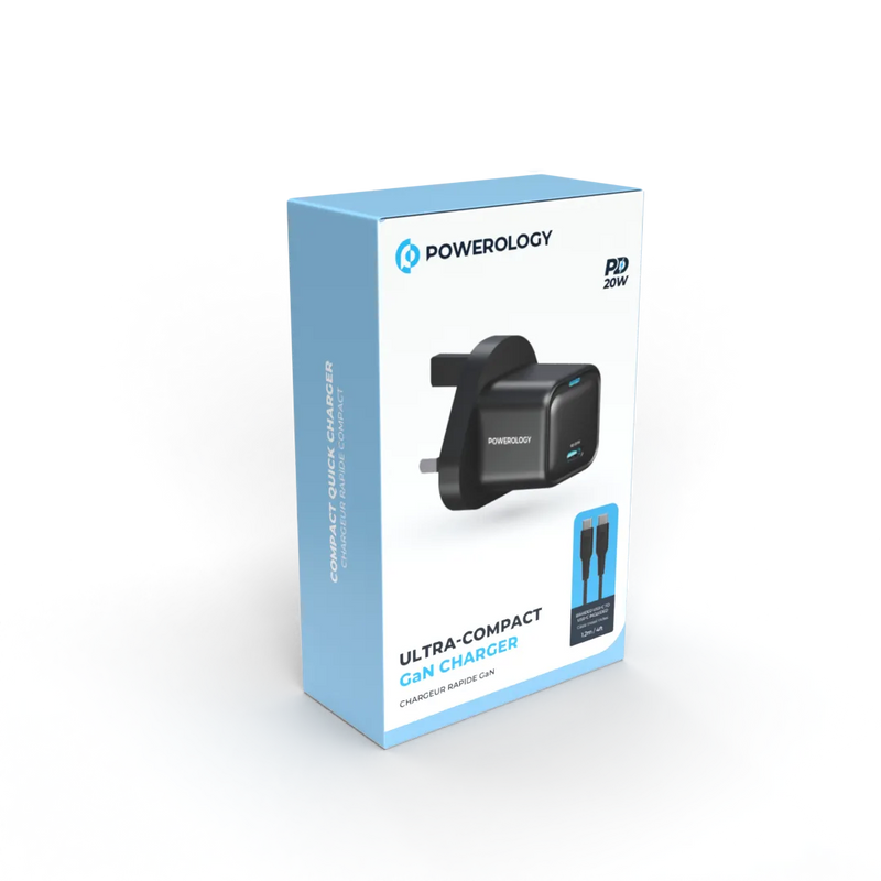 Powerology Ultra-Compact 20W GaN Charger & 1.2m Cable Black