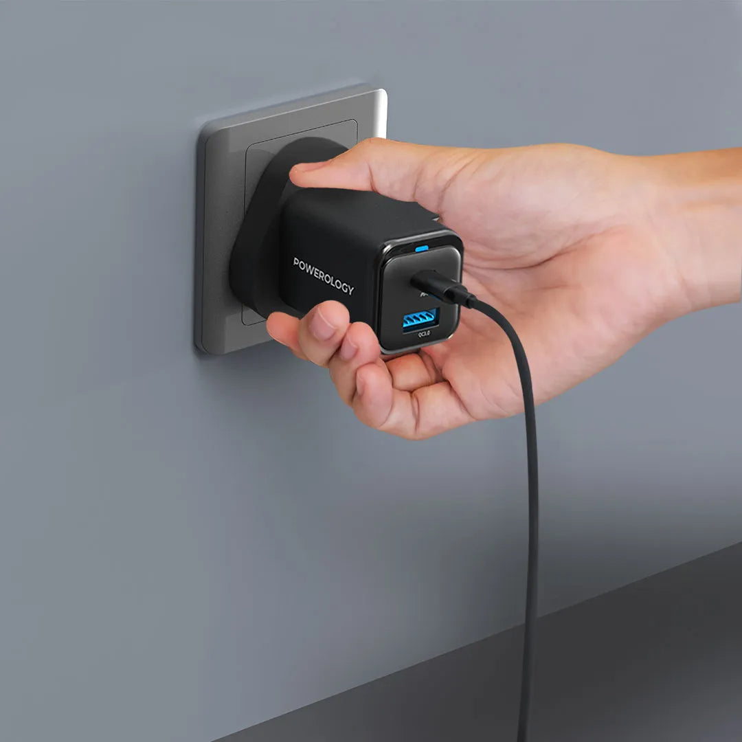 Compact Quick Charger - Powerology Fast Dual Device Charger with USB-C Cable