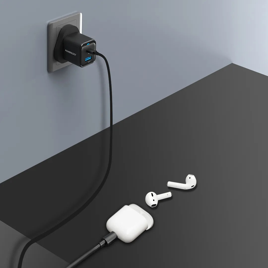 Compact Quick Charger - Powerology Fast Dual Device Charger with USB-C Cable