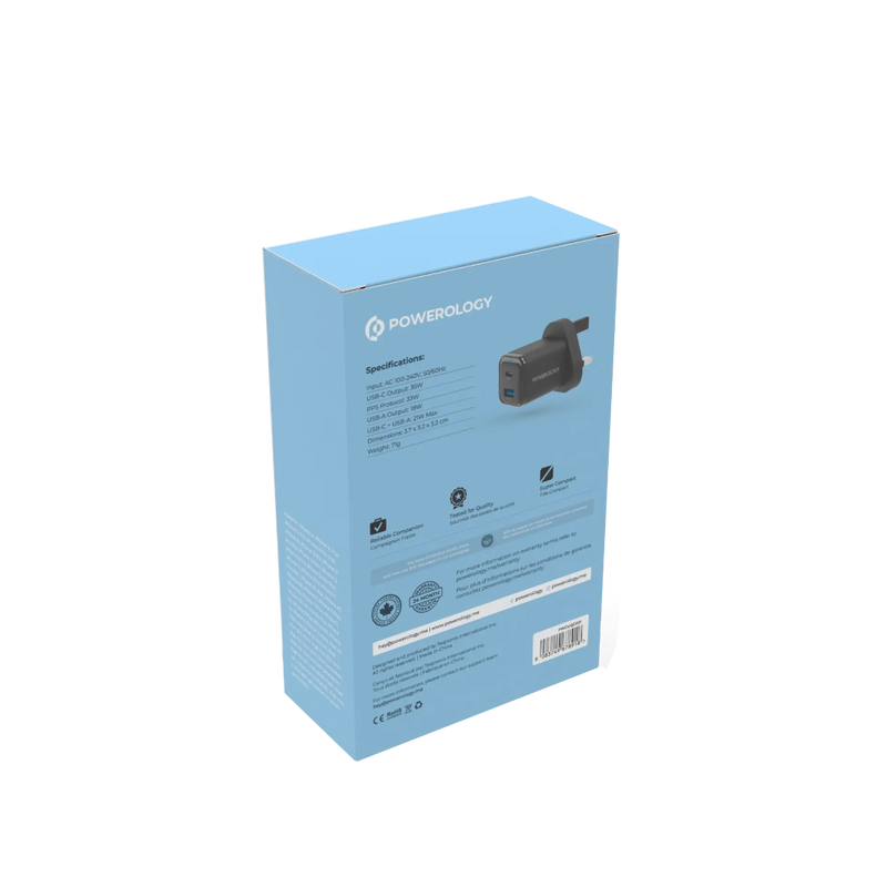 Powerology Super Compact Quick Charger + 1.2m USB-C Cable Black