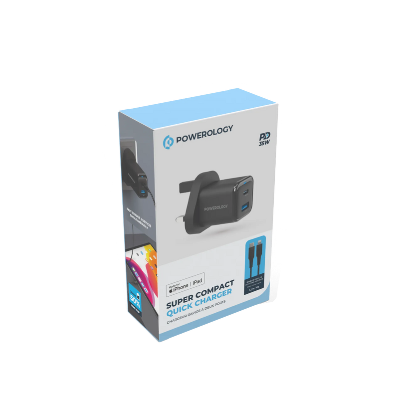 Powerology Super Compact Quick Charger + 1.2m USB-C Cable Black
