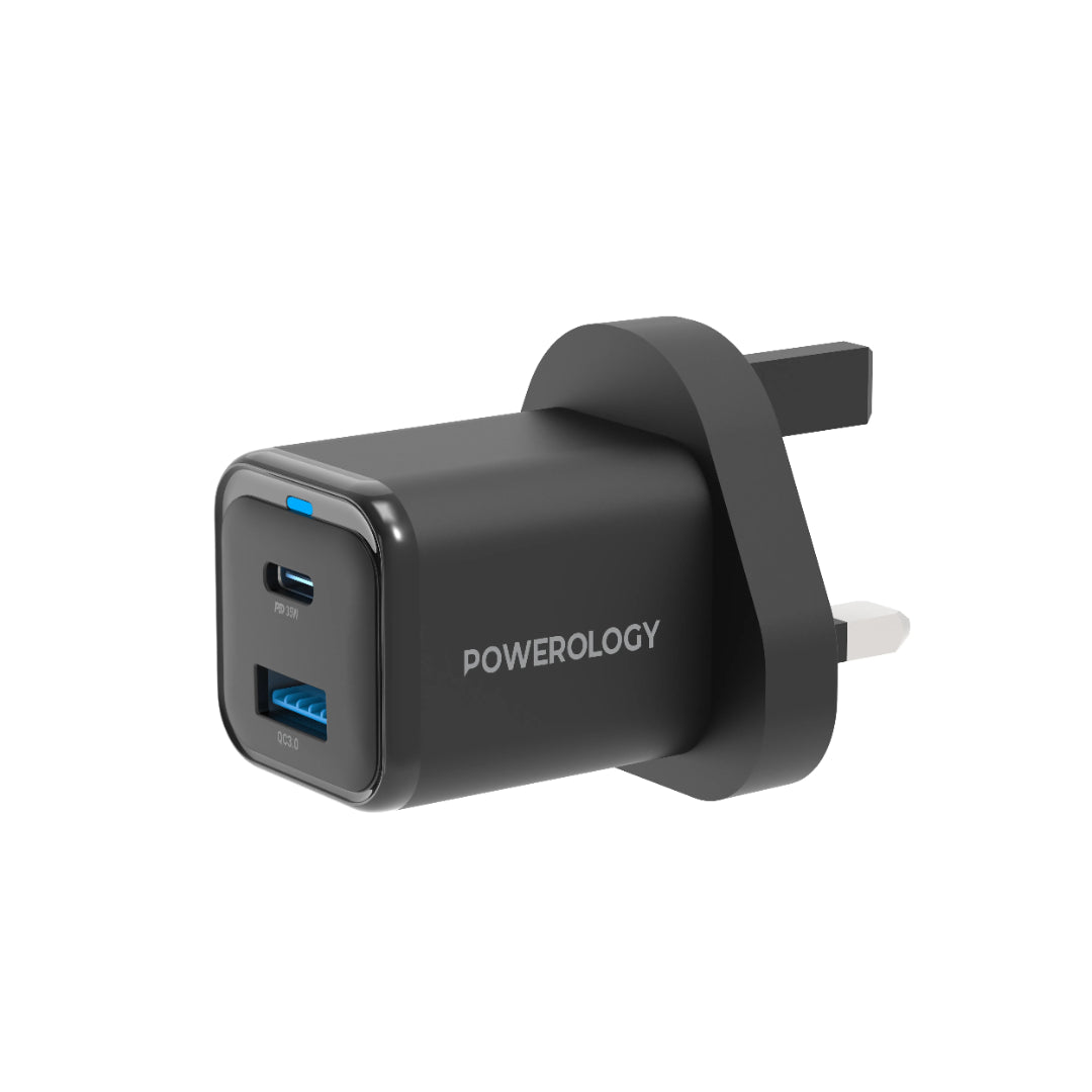 Compact Quick Charger - Powerology Fast Dual Device Charger with USB-C Cable