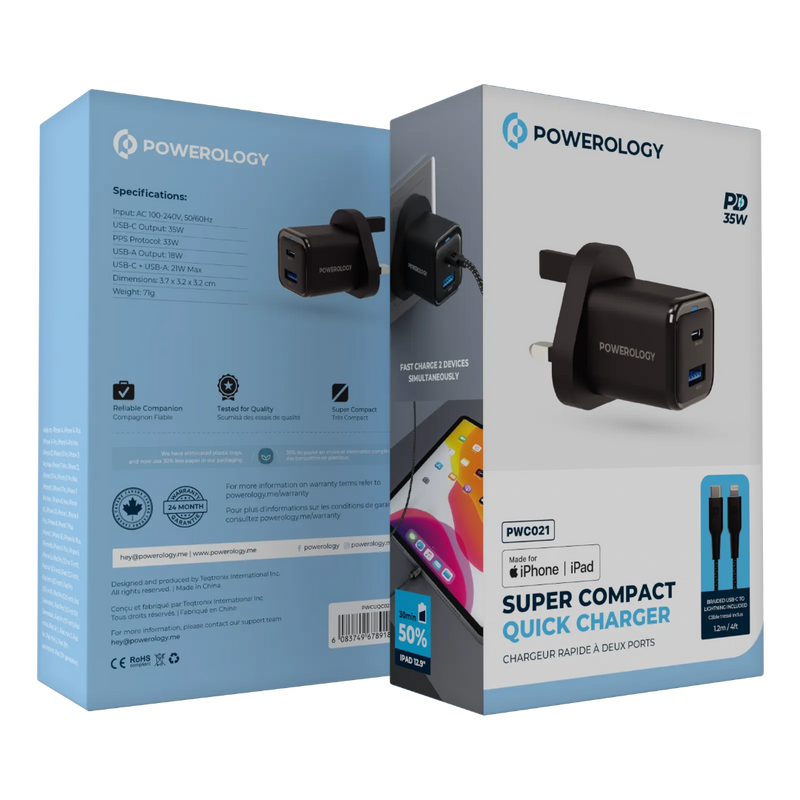 Powerology Super Compact Quick Charger + 1.2m USB-C Cable Black