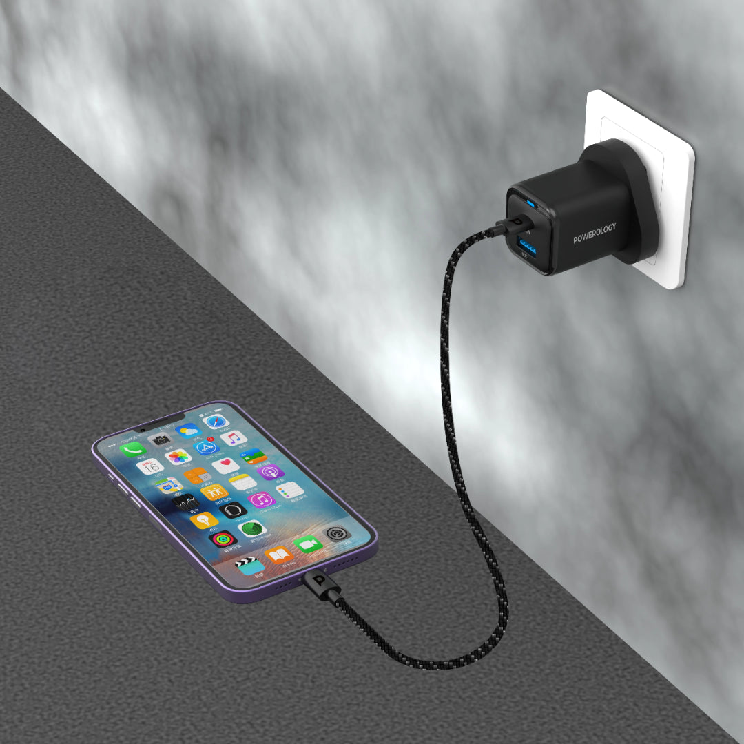 Compact Quick Charger - Powerology Fast Dual Device Charger with USB-C Cable