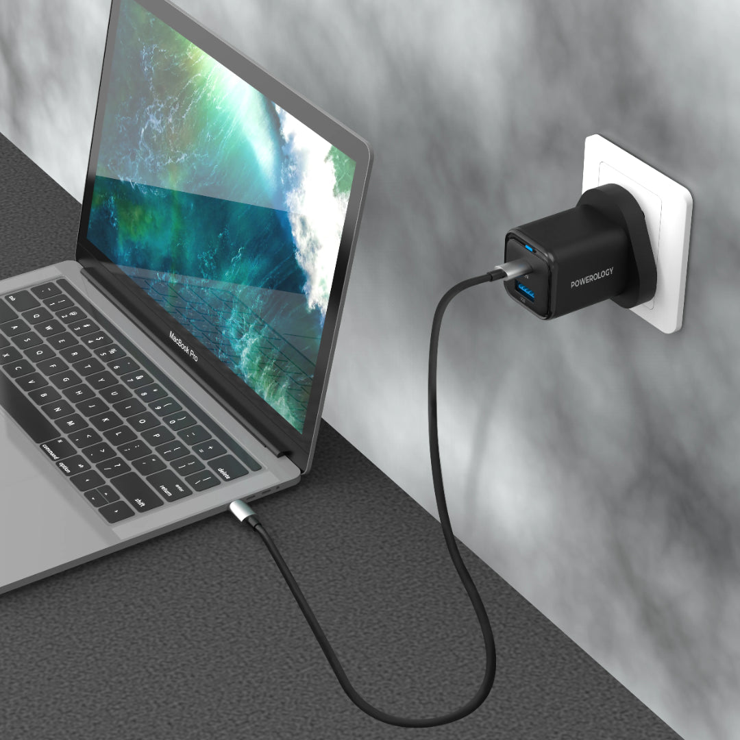Compact Quick Charger - Powerology Fast Dual Device Charger with USB-C Cable