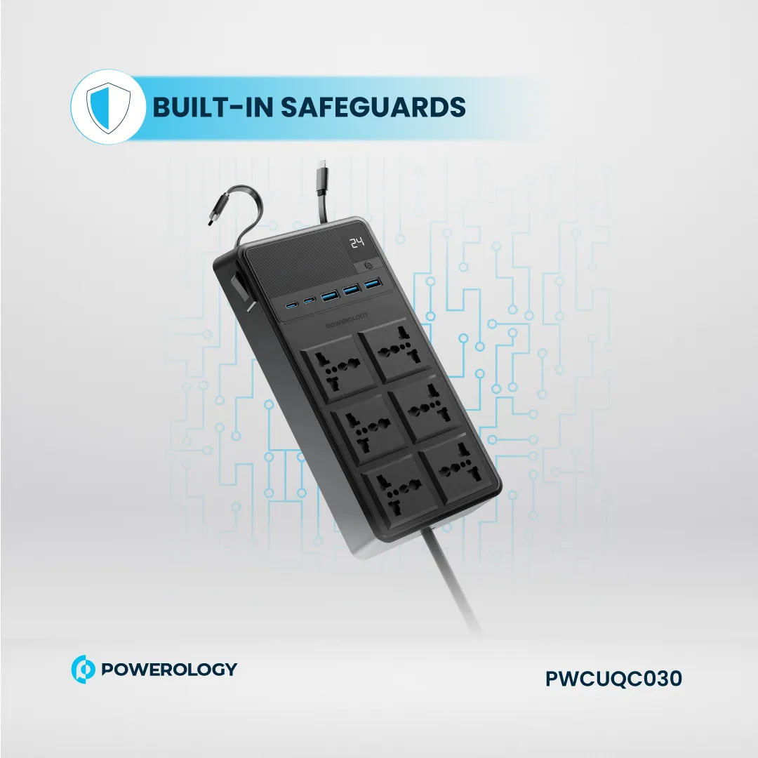 Power Strip Retractable Cables - Powerology 2500W 6 Outlet Surge Protector