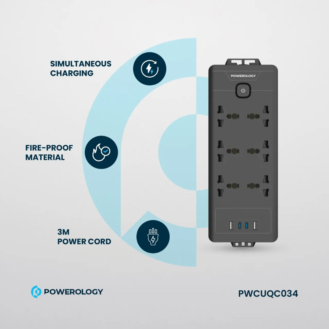 Power Strip With USB - Powerology 6 Outlet Fast Charging Station With Safety Switch