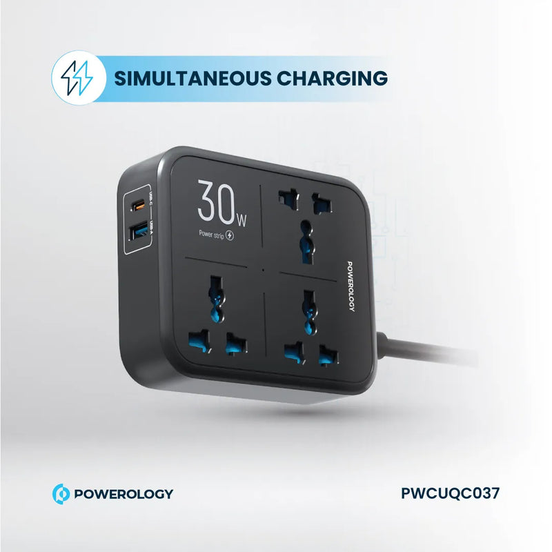 Powerology Power Strip 3250W with USB-C & USB-A Outputs Black