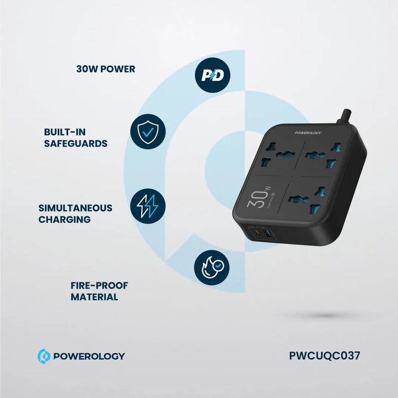 Powerology Power Strip 3250W with USB-C & USB-A Outputs Black