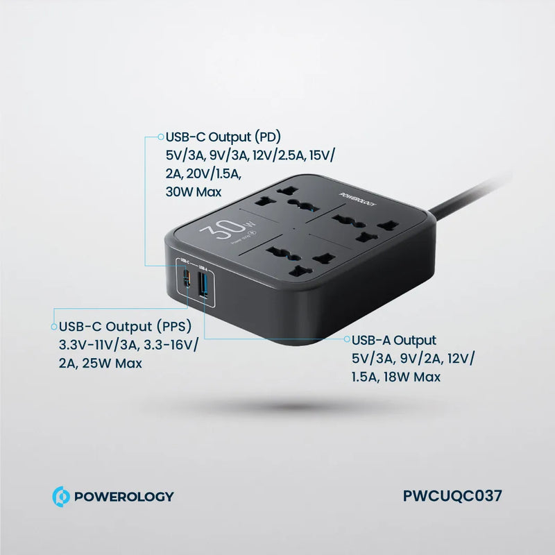 Powerology Power Strip 3250W with USB-C & USB-A Outputs Black
