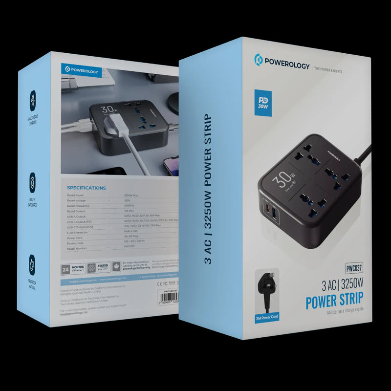 Powerology Power Strip 3250W with USB-C & USB-A Outputs Black