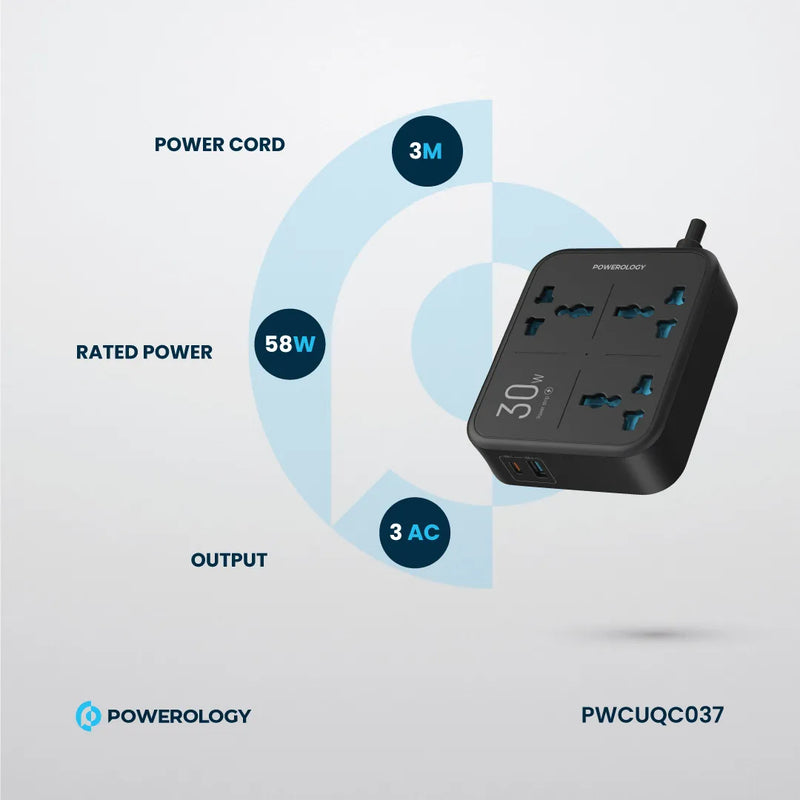 Powerology Power Strip 3250W with USB-C & USB-A Outputs Black