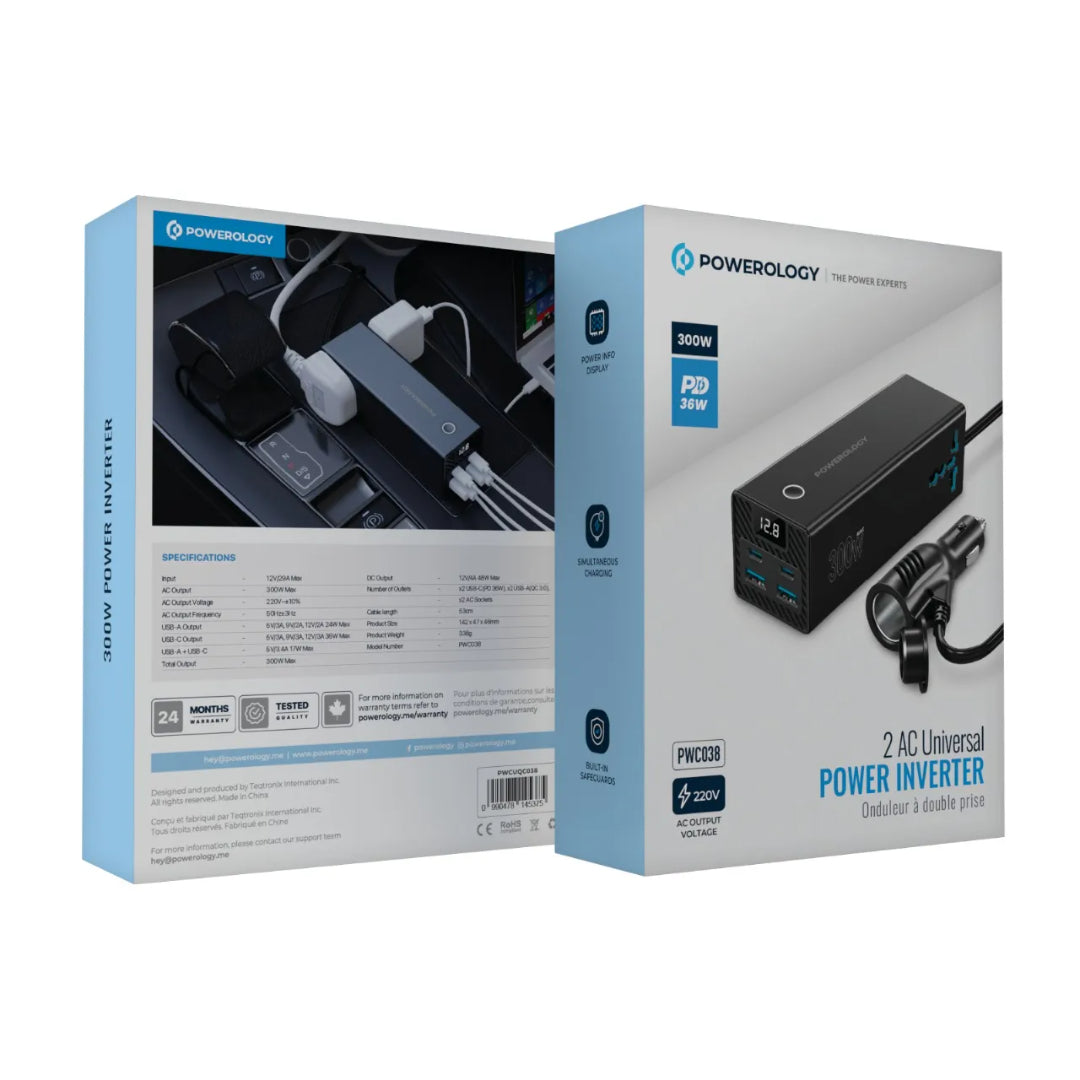 Power Inverter 300W - Universal Portable AC DC Power Converter with USB-C & Safety