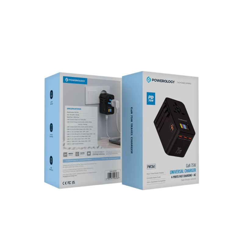 Powerology GaN 75W Universal Charger - Fast & Versatile Black