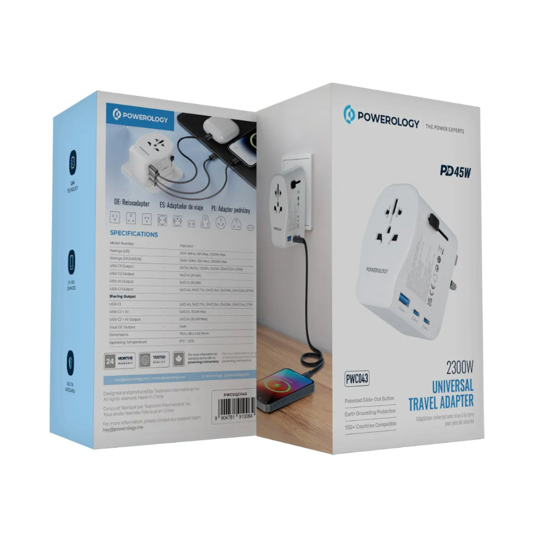 Universal Travel Adapter Powerology 2300W - USB-C Fast Charging Multi Device Charger