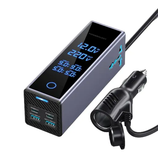 Powerology 2AC Socket Car Power Inverter - 300W Output Grey
