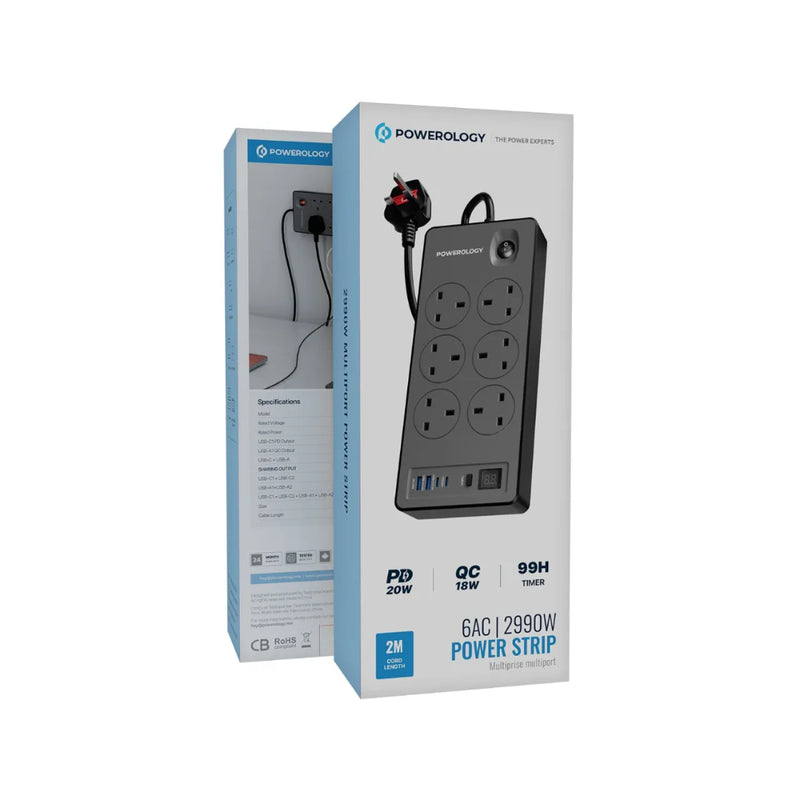 Powerology 6AC 2990W Power Strip with PD & QC USB Outputs Black