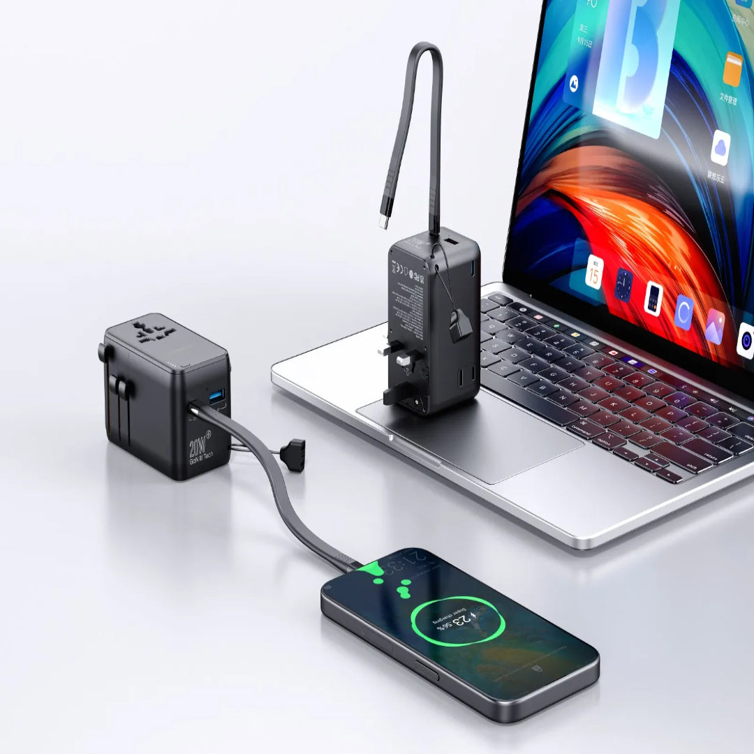Universal Travel Adapter With 2500W Power Bank - Compact Multi Device Charger