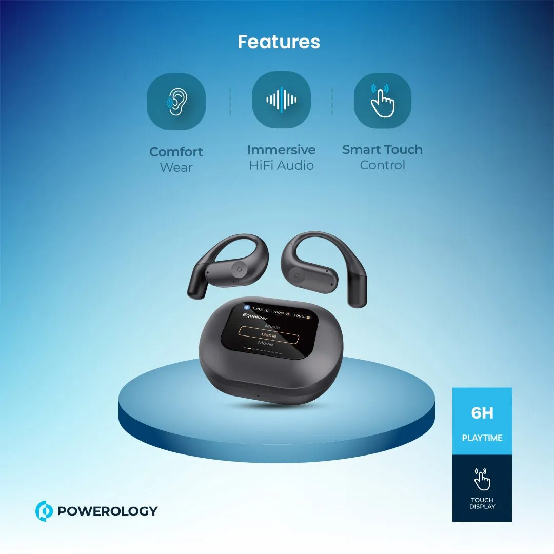 Wireless Stereo Earbuds - Powerology Open-Ear Bluetooth Audio Earphones Black