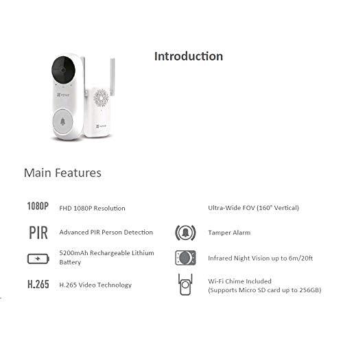 EZVIZ DB2C WireFree Video Doorbell with Chime Rechargable Battery Powered Wireless Security Camera Two Way Talk Human Detection Night Vision - Lolly