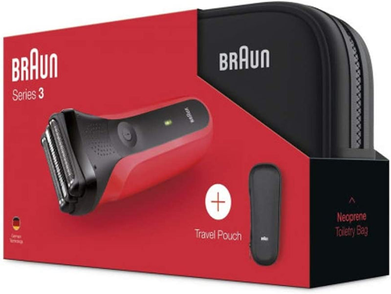 Braun Series 3 300s Rechargeable Electric Shaver, Red with toiletary set