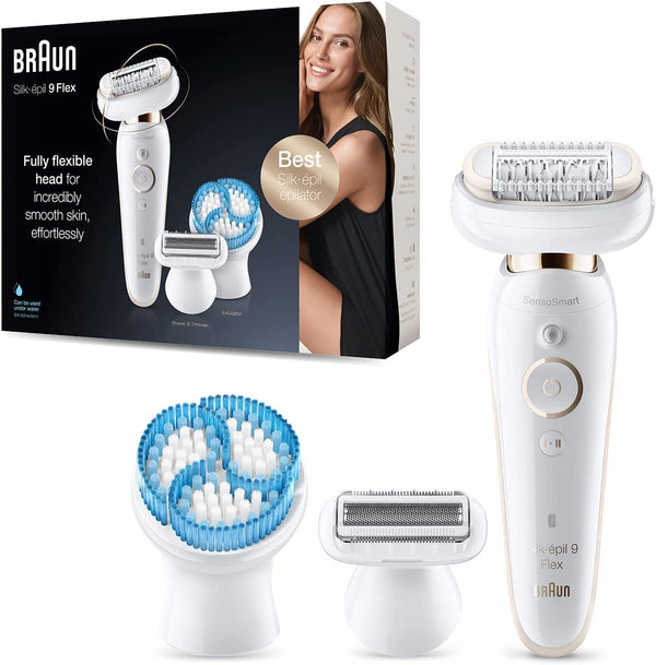 Silk-épil 9 Flex 9010 Wet & Dry epilator with 6 extras including deep body exfoliation brush.