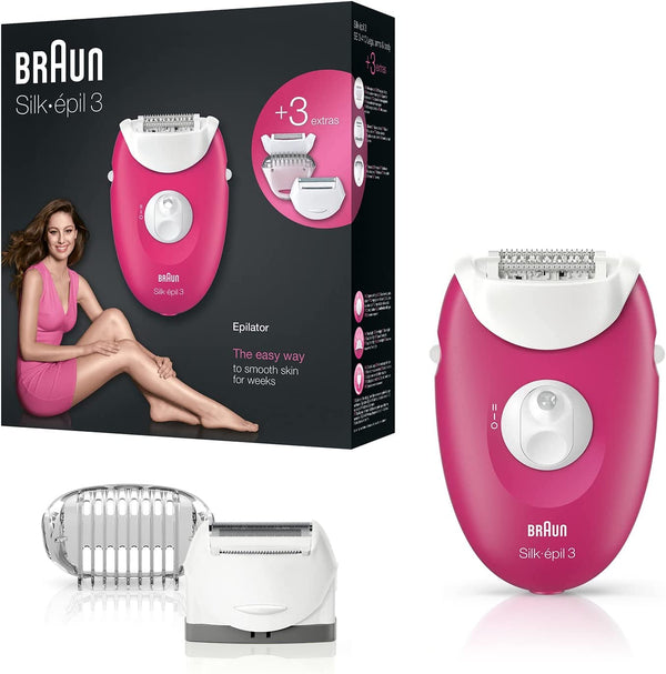 Braun Epilator SE3410 - Raspberry Pink Silkepil for legs and body, shaver head, with trimmer cap. (Same as SE 3270)