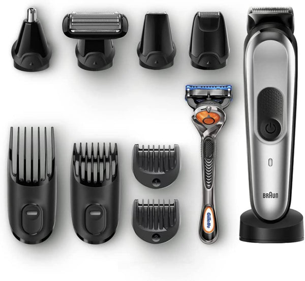 All-in-one trimmer MGK7920, 10-in-1 trimmer, 8 attachments and Gillette Fusion5 ProGlide razor with toiletry set.