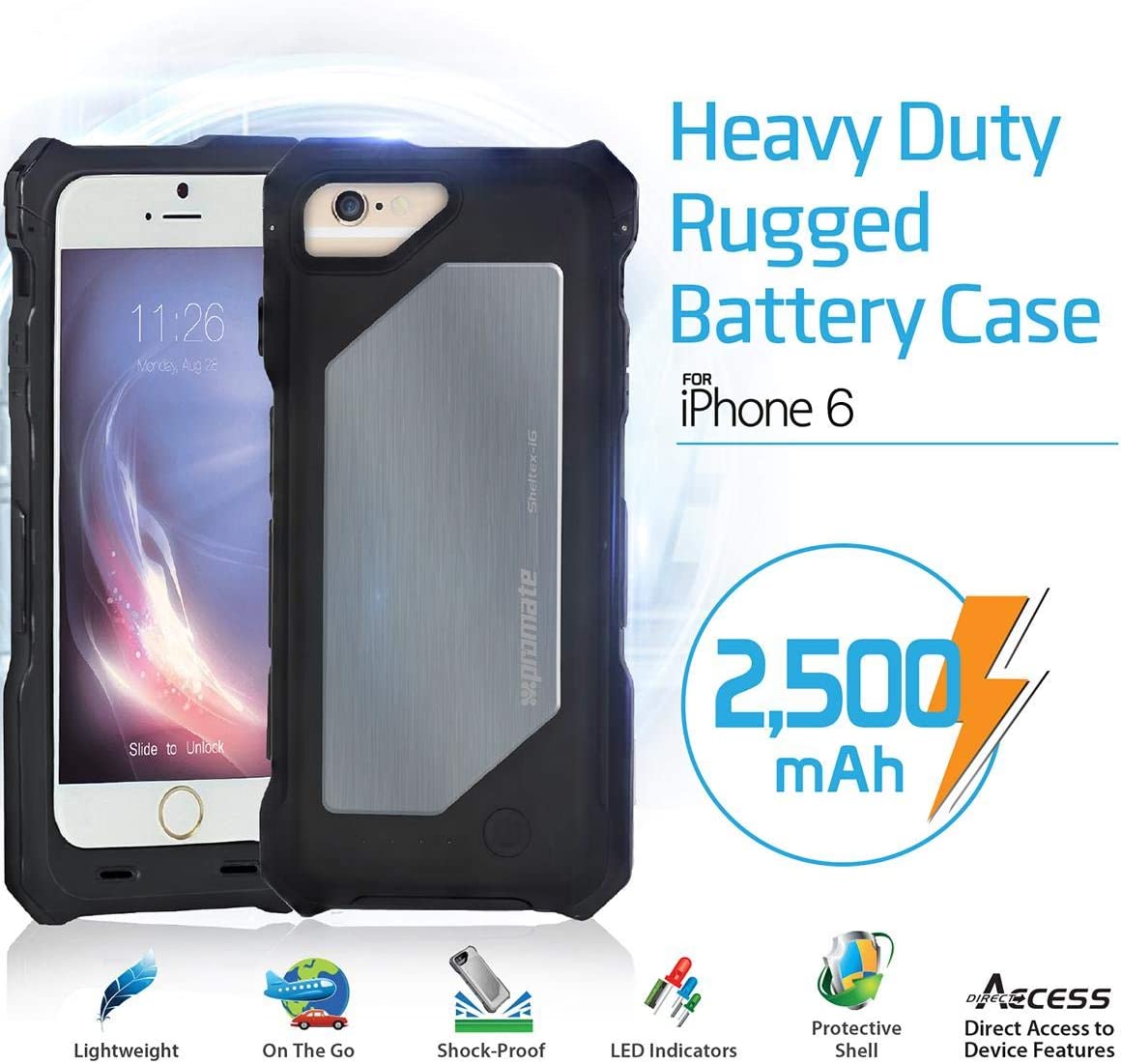 Rugged Battery Case - Promate Black iPhone 6 & 6S Protective Phone Cover