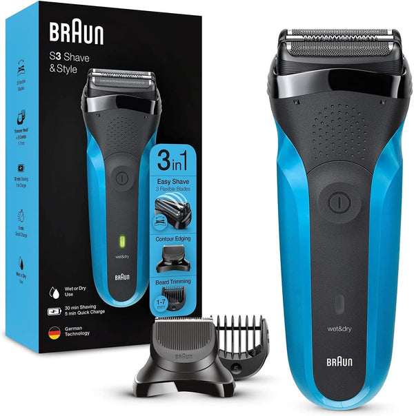 Series 3 Shave&Style 310BT Wet & Dry shaver with trimmer head and 5 combs, black / blue.